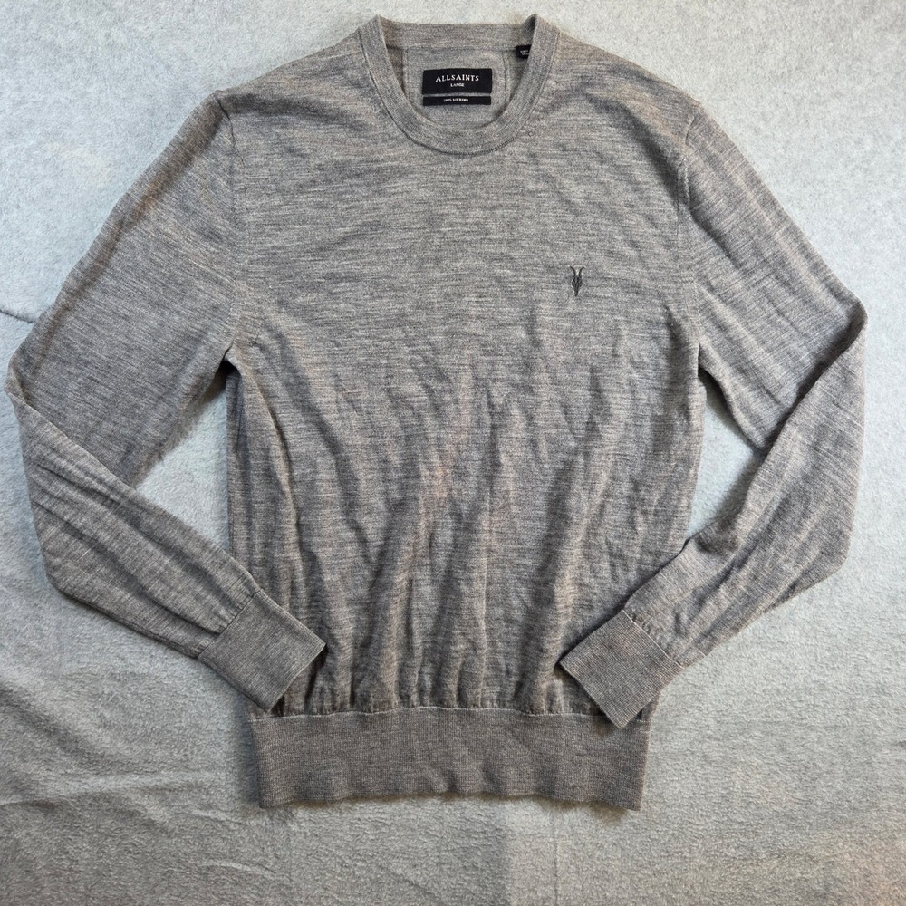 AllSaints Merino Wool Sweater Mens Large Grey Crewneck Ramskull Logo Pullover